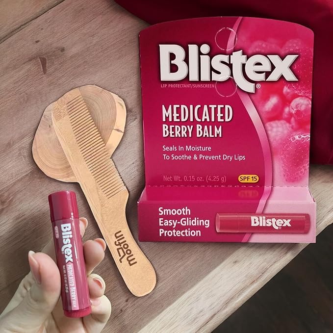 Blistex Medicated Lip Balm Medicated Lip Balm SPF15, 0.15 oz - Berry Flavor, Soothing Balm Stick Bundle with Moofin Wooden Comb - Sun Protection Medicated Lip Balm for Dry Cracked Lips, Chapped Lips-Velvo Beauty