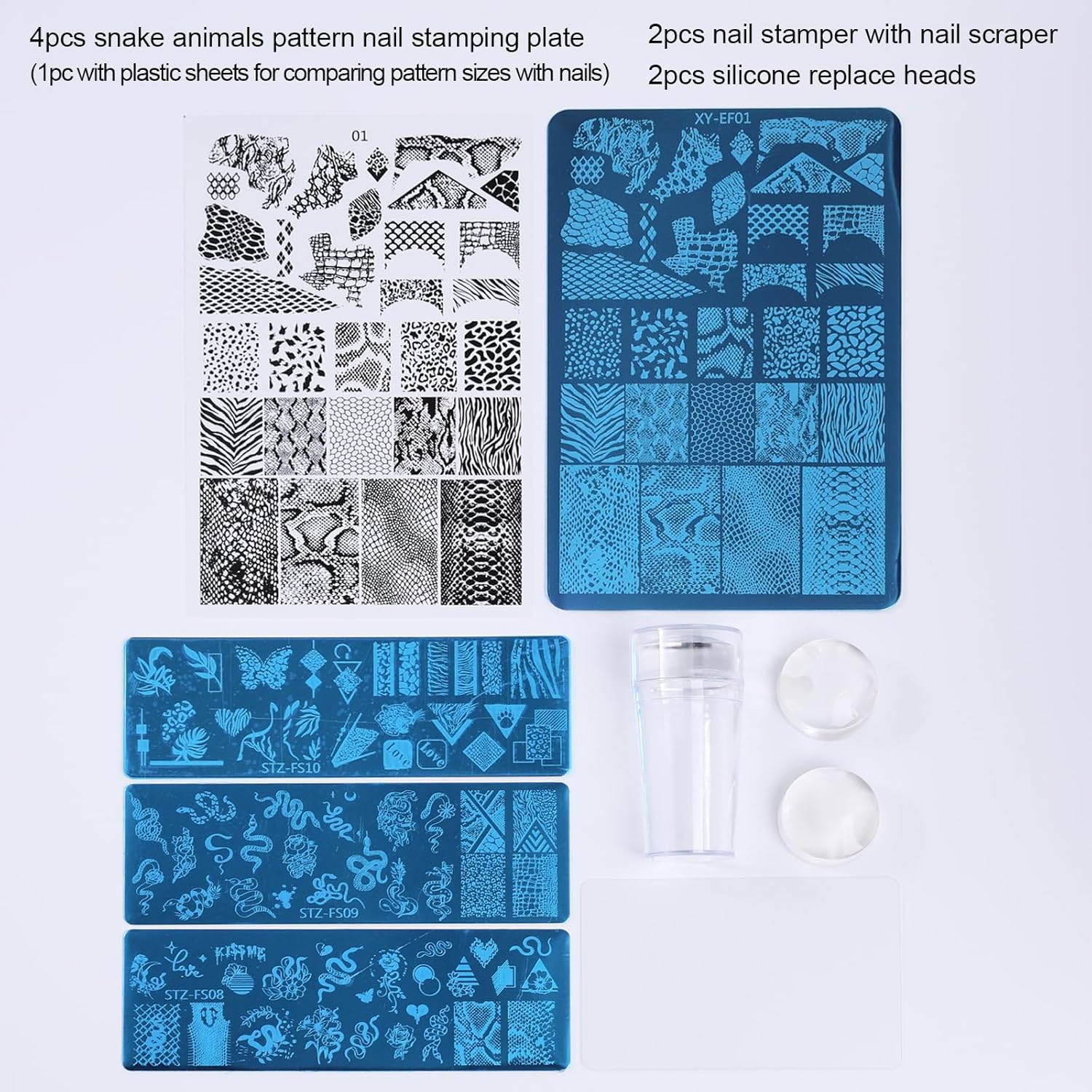 4pcs Snake Leopard Print Nail Stamping Plate Stencil with French Tip Nail Stamper Kit Reusable Salon Nail Set DIY Manicure Supplies Nail Art Tools-Velvo Beauty