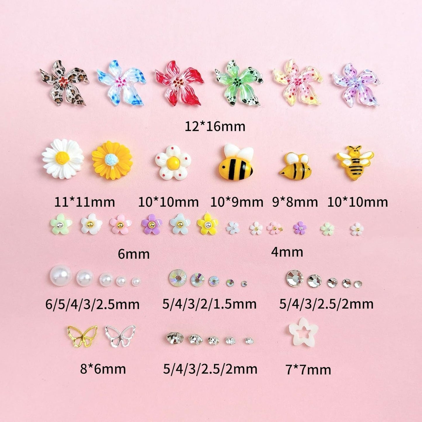 Flowers Nail Charms and Gems, Cute 3D Bee Daisy Hawaii Flowers Nail Art Charms for Acrylic Nails, Gold Silver Butterfly Nail Rhinestone and Charms,White Flatback Pearl Nail Charms Manicure DIY Crafts-Velvo Beauty
