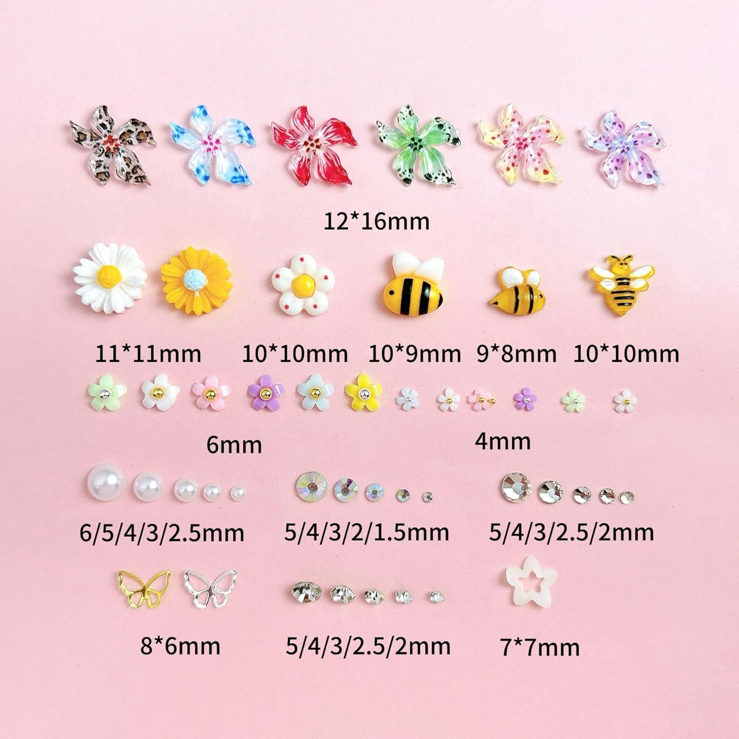 Flowers Nail Charms and Gems, Cute 3D Bee Daisy Hawaii Flowers Nail Art Charms for Acrylic Nails, Gold Silver Butterfly Nail Rhinestone and Charms,White Flatback Pearl Nail Charms Manicure DIY Crafts-Velvo Beauty