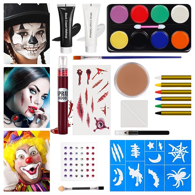 Halloween Makeup Kit, White Black Skeleton Face Paint, Clown Witch Makeup Palette, Vampire Zombie Makeup Kids Adult Special Effects: Fake Blood Scar Wax Tattoos Stencils Crayons Set-Velvo Beauty