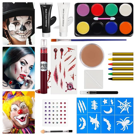 Halloween Makeup Kit, White Black Skeleton Face Paint, Clown Witch Makeup Palette, Vampire Zombie Makeup Kids Adult Special Effects: Fake Blood Scar Wax Tattoos Stencils Crayons Set-Velvo Beauty