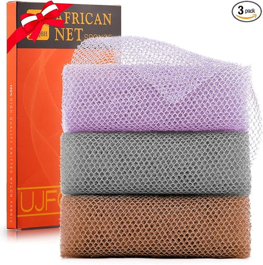UJFQBH 3 Pieces African exfoliating net African Net Long Net Bath Sponge Exfoliating Shower Body Scrubber Back Scrubber Skin Smoother,Great for Daily Use (Purple、Gray、Brown)-Velvo Beauty