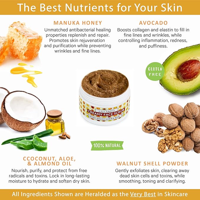 LILY SADO HONEY WALNUT Creamy Face Scrub - Best Exfoliating Facial Cleanser for Women & Men - Gently Exfoliates, Softens & Energizes Skin, Treats Acne, Reduces Pore Size - For All Skin Types - 4 oz-Velvo Beauty