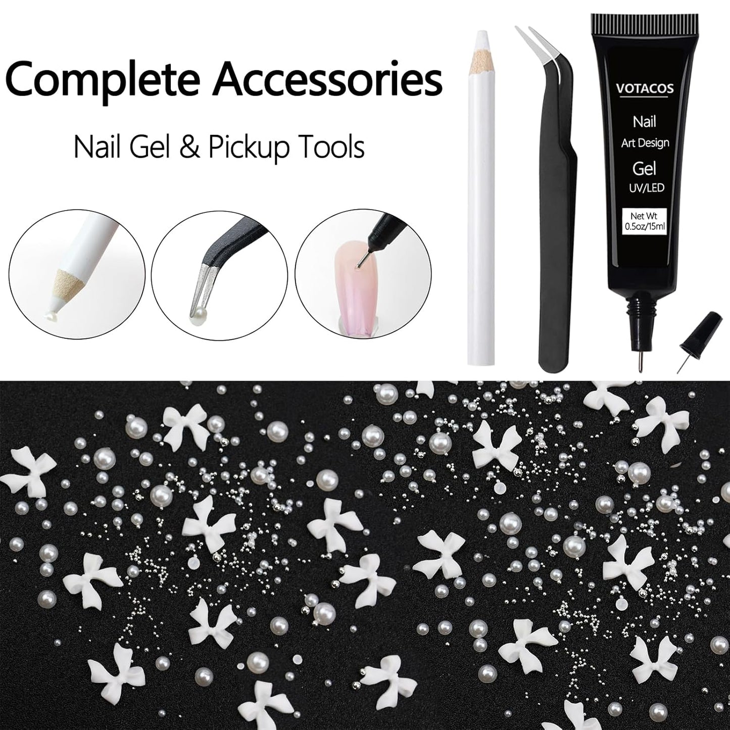 Nail Art Charms White Bow Nail Rhinestones with Glue Gel Flatback Pearls Luxurious Nails Gems Supplies Accessories White Silver Jewelry Pearls for Women Nails DIY Design-Velvo Beauty