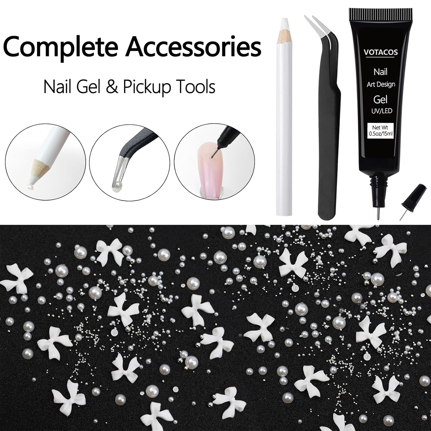 Nail Art Charms White Bow Nail Rhinestones with Glue Gel Flatback Pearls Luxurious Nails Gems Supplies Accessories White Silver Jewelry Pearls for Women Nails DIY Design-Velvo Beauty