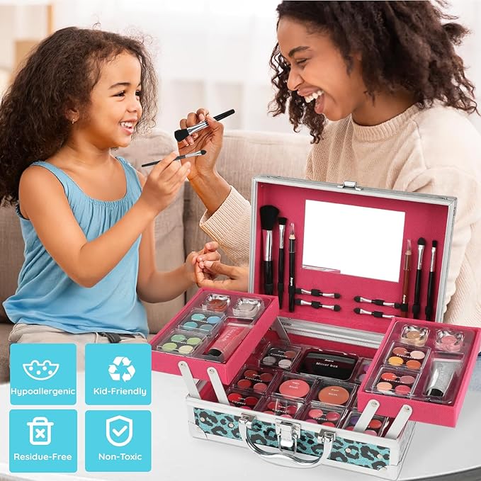 Anpro All-In-One Leopord Double Folding Makeup Carry Case with Pro Teen Makeup Set, Full Starter Kit with Makeup Brushes, Lipsticks, Eyeshadow Palette, Blushes, Glitter Gel, Ideal Present for Girls-Velvo Beauty