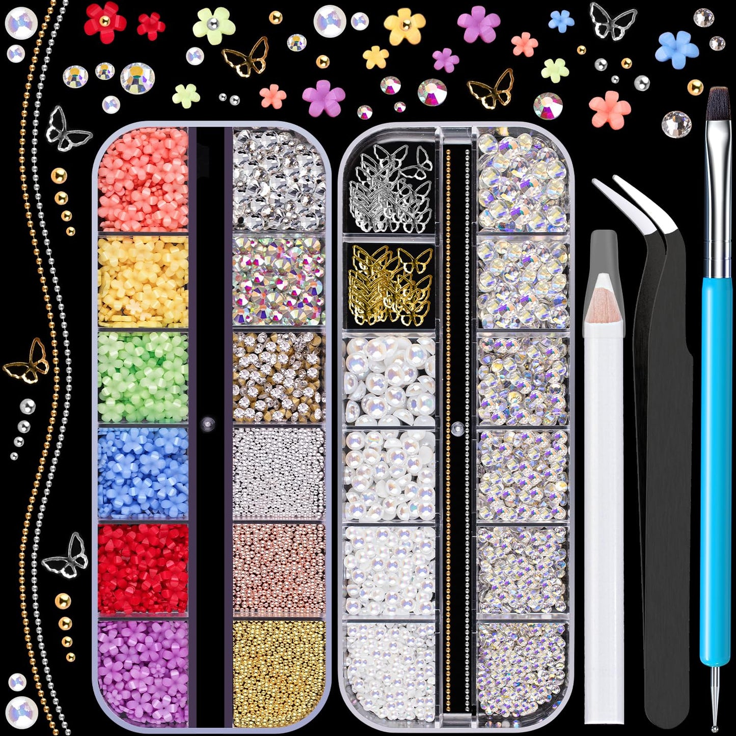 3D Nail Charms, Butterfly Colorful Acrylic Flower Starry AB Gemstones Caviar Beads Half Round Pearl, Flat Back Glass Crystal AB + Clear Round Rhinestones for Nails with Pickup & Dotting Tools-Velvo Beauty