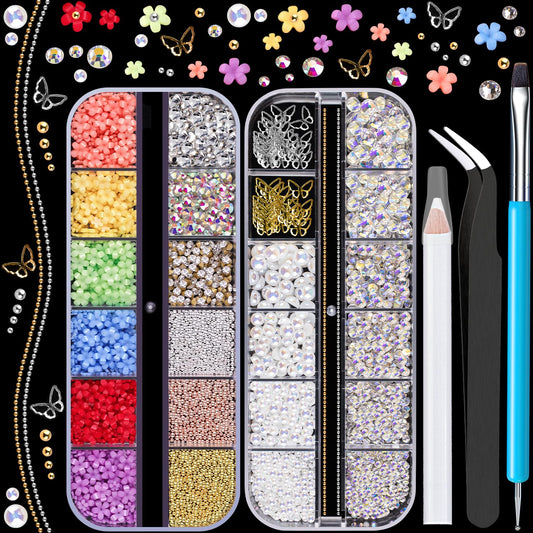 3D Nail Charms, Butterfly Colorful Acrylic Flower Starry AB Gemstones Caviar Beads Half Round Pearl, Flat Back Glass Crystal AB + Clear Round Rhinestones for Nails with Pickup & Dotting Tools-Velvo Beauty