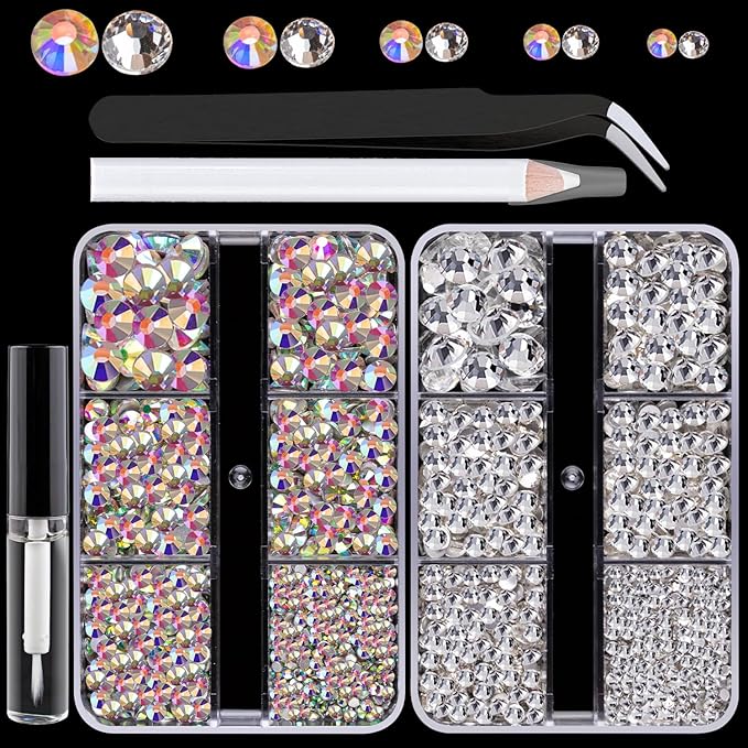 Colorful Face Gems for Makeup Set, Flatback Gorgeous Charming AB Glass Gems, Clear Glass Gems with Picker Pencil, Makeup Glue, Tweezer for Eye Body Hair Make-up and Nail Art Deco-Velvo Beauty