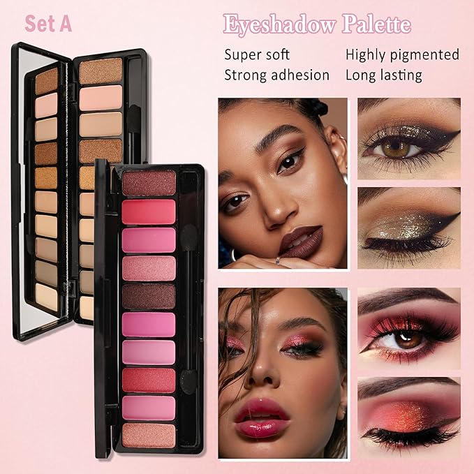 All in One Makeup Set Kit for Women Full Kit,Makeup Gift Kit with Everything,Mascara Eyebrow Eyeliner Eyeshadow Foundation Face Primer Lip Oil Lip Gloss Blush Highlighter Palette for Women Teens-Set A-Velvo Beauty