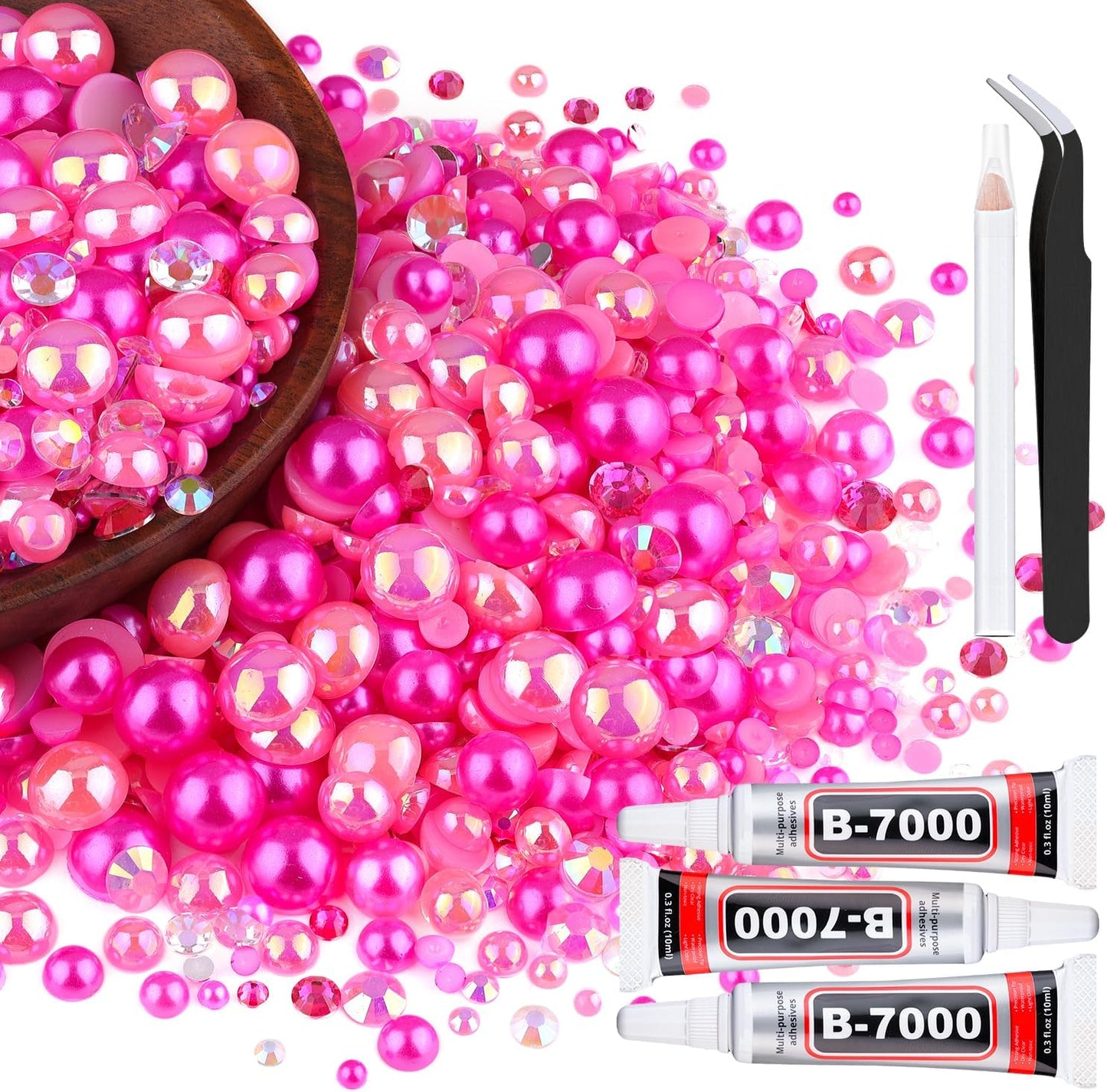 80g Flatback Pearls and Rhinestones for Crafting, Dark Pink 3-10mm Resin Rhinestones and Half Pearls for Bedazzling, Nail Art and Dec with 3pcs 10ml B7000 Jewelry Glue, Tweezer and Pickup Pencil-Velvo Beauty