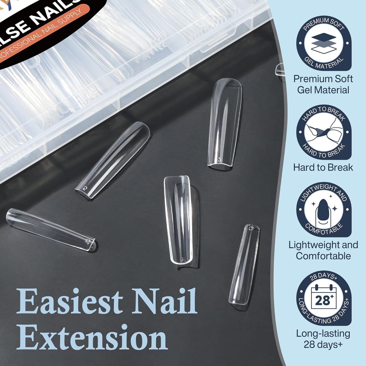 Tapered Square Nail Tips, XXL 240Pcs 12 Sizes Full Cover Fake Nails Extra Long Straight Nail Tips No C Curve Gel Nails Clear Gel Nails Tips Nail Extension for DIY Nail Art-Velvo Beauty