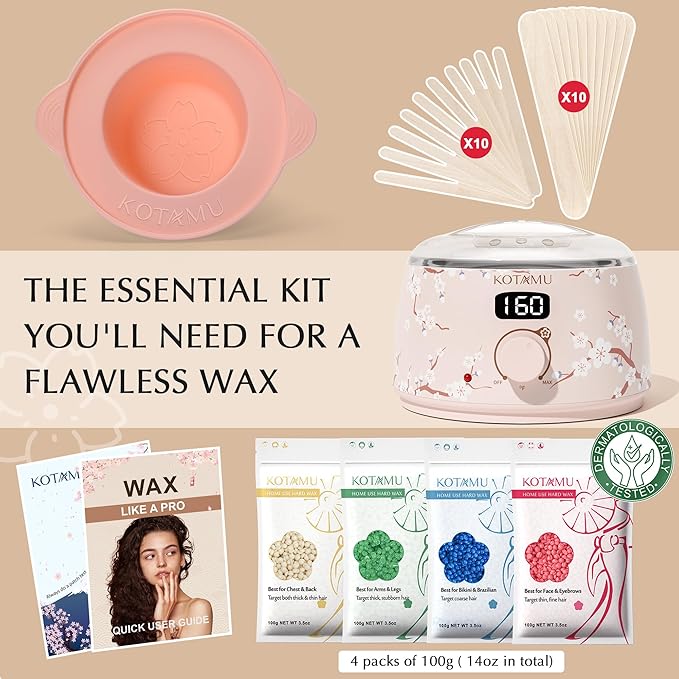 KOTAMU Waxing Kit for Women & Men, Wax Warmer for Hair Removal, Digital Wax Kit with Silicone Pot，Ideal for Face Eyebrow Arm Legs Armpit &Sensitive Skin, Cherry Waxing Machine for Home Salon Use-Velvo Beauty