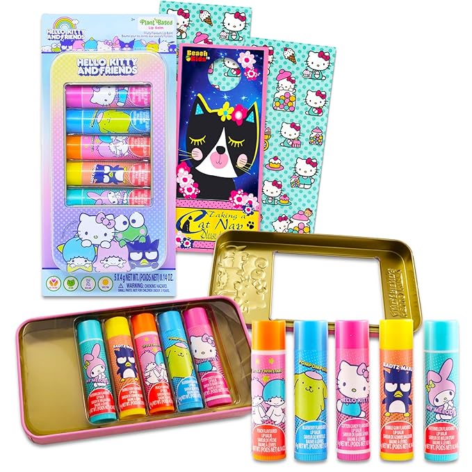 Hello Kitty and Friends Lip Balm Tube Bundle for Kids – 5 Pack of Hello Kitty and Friends Lip Balm in Assorted Flavors with Hello Kitty Stickers and More | Hello Kitty and Friends Party Favors-Velvo Beauty