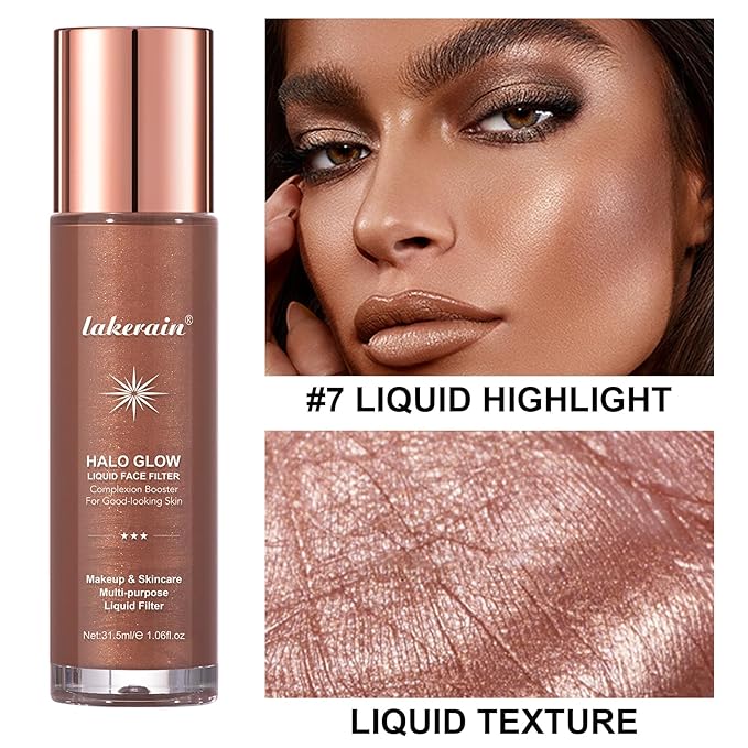 Natural Glow Liquid Filter Makeup, Longwear Face Luminizer, Complexion Booster For Any Part of the Body, Liquid Highlighter with Brush Kit, Infused Hyaluronic Acid, 1.06 fl oz (#07 DEEP/RICH)-Velvo Beauty