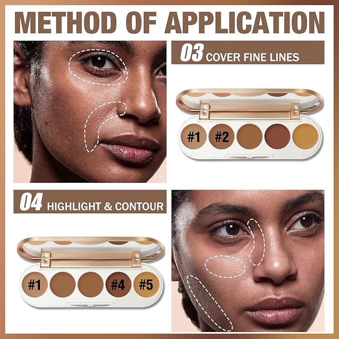 FOCALLURE #GoldenAge 5 in 1 Multi Uses Concealer Palette, 5 Colors Correcting Conceal Palette, Camouflage Contour Palettes for Dark Circles, Face Contouring Highlighter Pallet, BR01 DEEP-Velvo Beauty