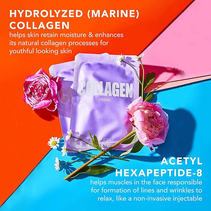 LAPCOS Collagen Sheet Mask, Firming Daily Face Mask with Collagen Peptides for Anti-Aging, Helps to Minimize Wrinkles, Restores Skin Elasticity & Firmness, Korean Beauty Favorite, 5-Pack-Velvo Beauty