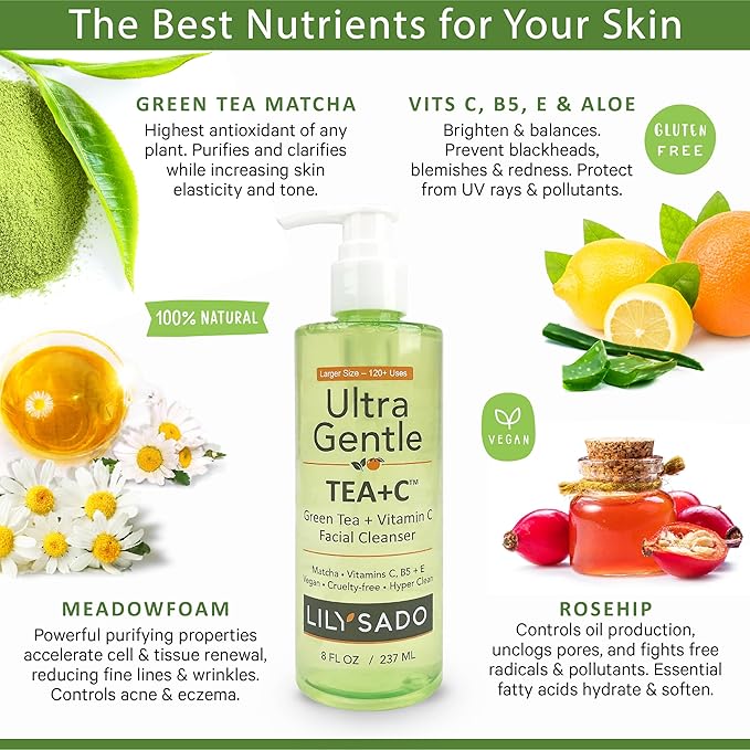 LILY SADO TEA+C™ Green Tea & Vitamin C Face Cleanser – Natural Vegan Antioxidant Daily Face Wash with Aloe, Rosehip, Meadowfoam - Gentle Deep Cleansing for Acne, Blackheads, Blemishes. 8 oz-Velvo Beauty
