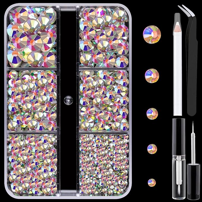 Colorful Face Gems for Makeup Set, Flatback Gorgeous Charming AB Glass Rhinestone with Makeup Glue+Picker Pencil+Tweezer for Eye Body Hair Make-up and Nail Art Deco-Velvo Beauty