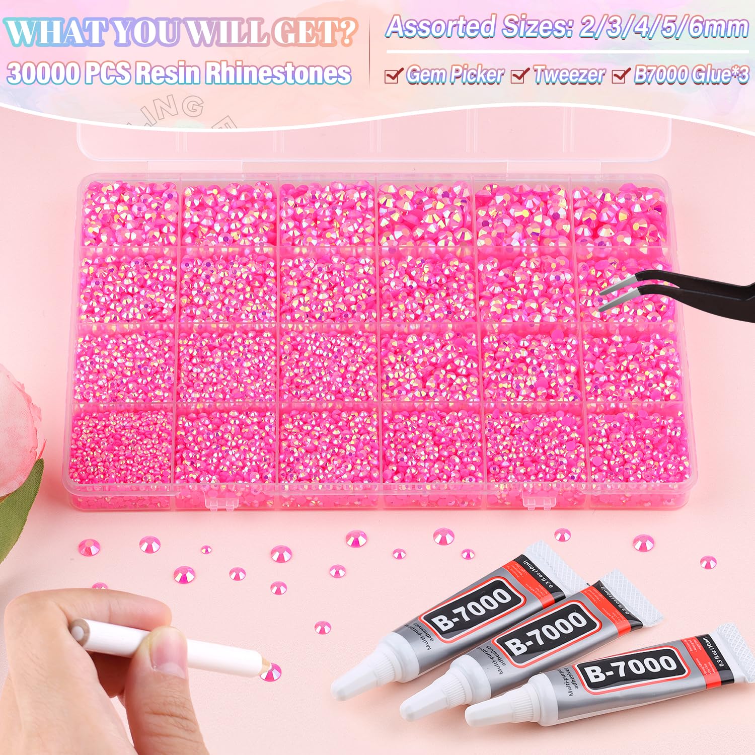 30000Pcs Resin Hot Pink AB Rhinestones for Bedazzling Crafting with b7000 Jewelry Glue, Bulk Flatback Gems Bedazzler Kit for Crafts Clothes Shoes Fabric Nail Diamond Art, Assorted Size 2/3/4/5/6mm-Velvo Beauty