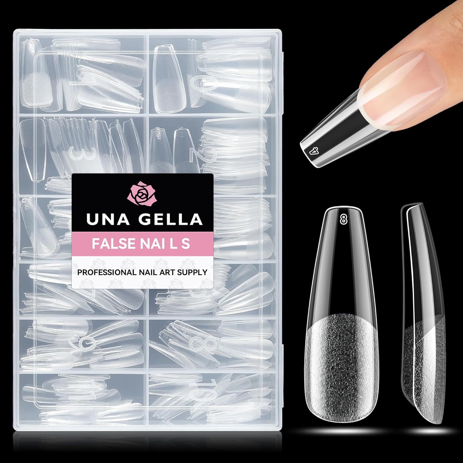 UNA GELLA Long Coffin Nail Tips: 216pcs Coffin Acrylic Fake Nails Full Cover Gel Nail Tips Press On Nails Clear Tips for Nail Extension DIY Salon 12 Sizes-Velvo Beauty