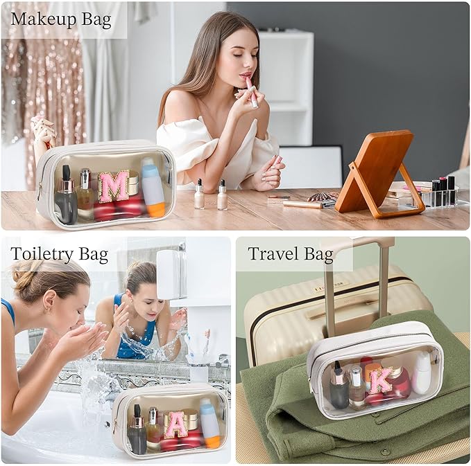 YOOLIFE Initial Make Up Bag Travel Toiletry Bag, Clear Makeup Bag Preppy Cosmetic Bags Organizer Travel Essentials Gifts for Women Teen Girlfriend Teacher Mom Brithday Mothers Day Gifts, Large, White-Velvo Beauty