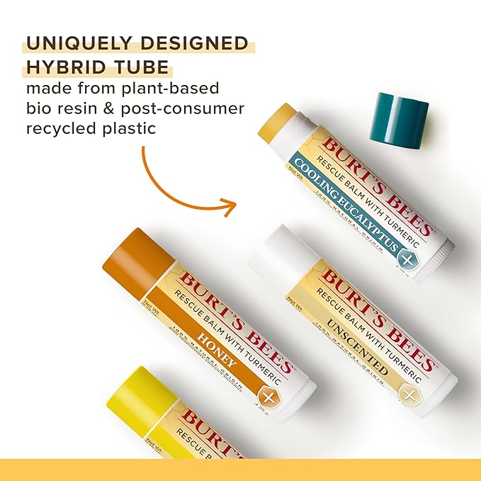 Burt's Bees 100% Natural Origin Rescue Lip Balm With Beeswax and Antioxidant-Rich Turmeric Promotes Healing Of Extremely Dry Lips, Cooling Eucalyptus, 2 Tubes in Blister Box(Pack May Vary)-Velvo Beauty