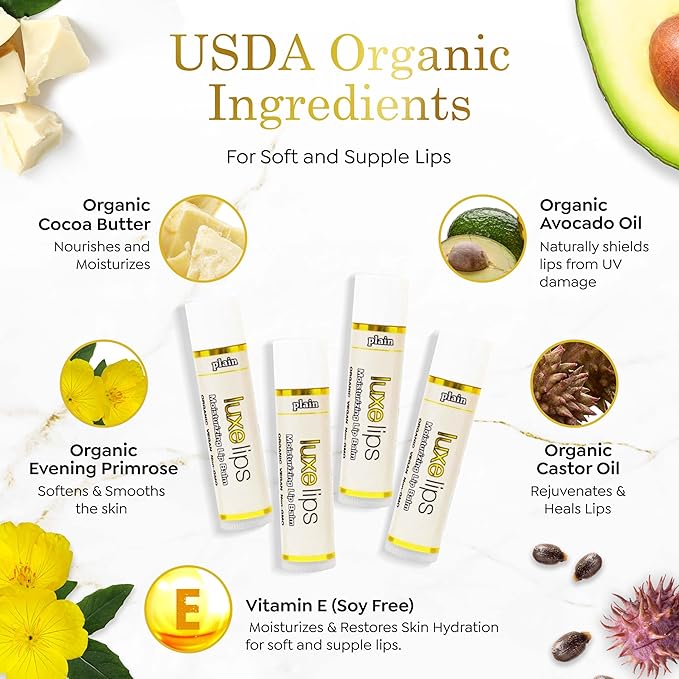 Luxe Beauty No-Beeswax, No-Petroleum Organic Lip Moisturizer for Very Dry Lips - For Sun/Wind Damage, Dryness & Chapping Lip Care – 4-Pack Hydrating Lip Care Products That Work Over/Under Lipstick-Velvo Beauty