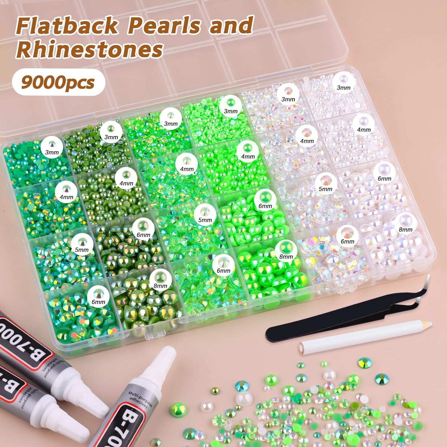9000PCS Flatback Pearls and Rhinestones for Crafting, Green 3-10mm Resin Rhinestones and Half Pearls for Bedazzling, Nail Art and Dec with 3pcs B7000 Jewelry Glue, Tweezer and Pickup Pencil-Velvo Beauty