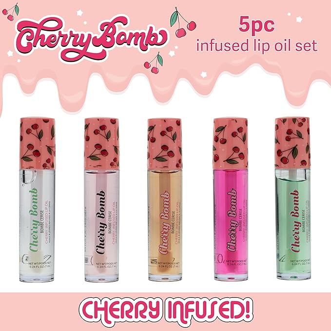 Expressions 5pc Lip Oil Set - Cherry Bomb Lip Oils, Lip Healing Cherry Infused Lip Oil Collection with Precision Applicator Wand Everyday Lip Care and Lip Repair (CHERRY BOMB)-Velvo Beauty