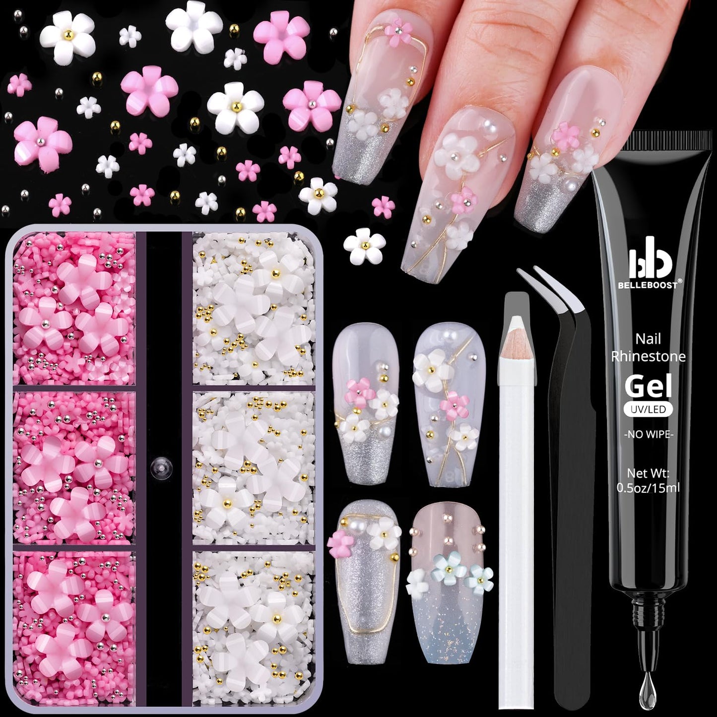 3D Flowers, Manicure Kit with Gel Glue, White Pink Acrylic Flower Nail Charms with Caviar Beads, Rhinestones + Gem Glue for Nails (UV/LED Needed) with Dotting & Pickup Tools-Velvo Beauty