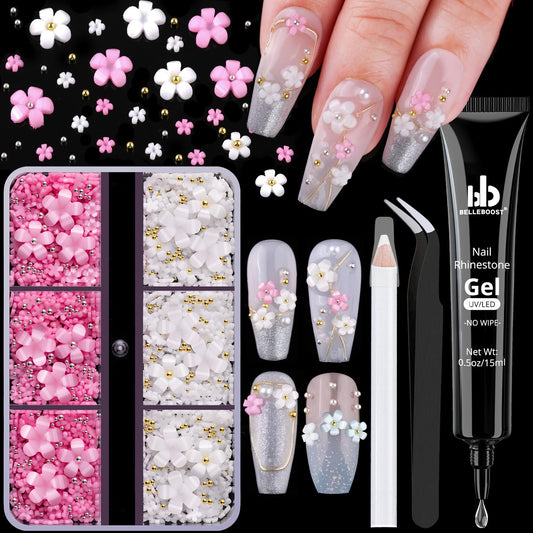 3D Flowers, Manicure Kit with Gel Glue, White Pink Acrylic Flower Nail Charms with Caviar Beads, Rhinestones + Gem Glue for Nails (UV/LED Needed) with Dotting & Pickup Tools-Velvo Beauty