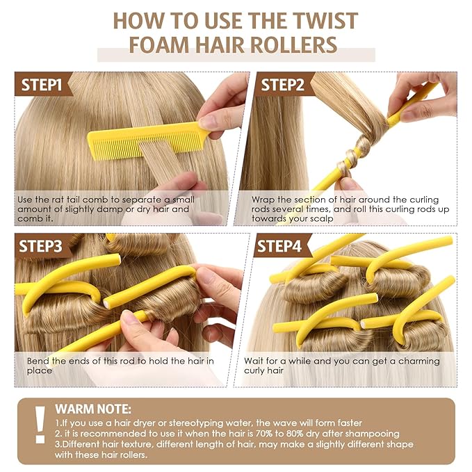 Syhood 30 Pcs 7'' Flexible Curling Rods Twist Foam Hair Rollers Soft Foam No Heat Hair Rods Rollers and 1 Steel Pintail Comb Rat Tail Comb for Women Long Short Hair(Yellow,7 x 0.3 Inch)-Velvo Beauty