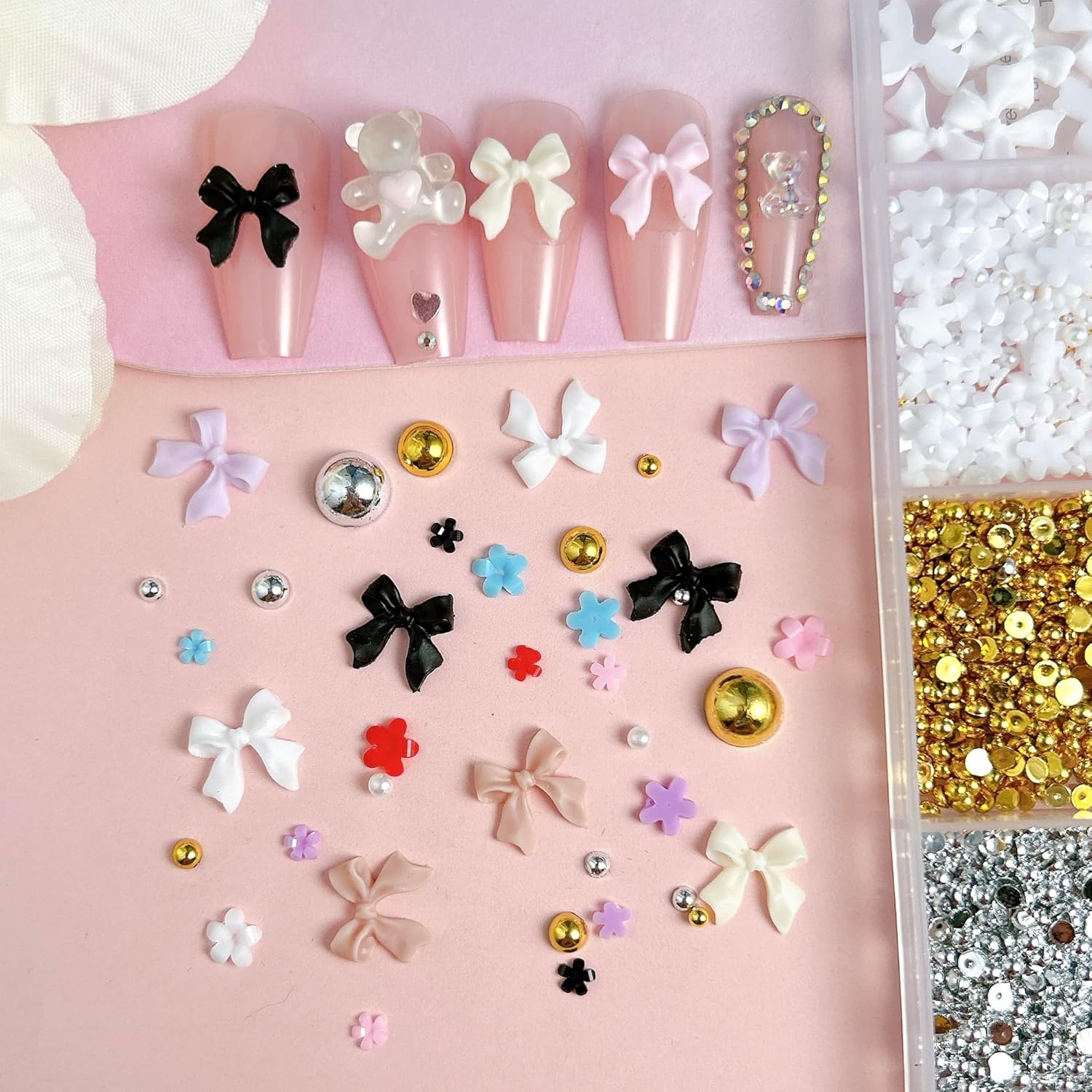 3D Bow Nail Charms Kit, Colorful Resin Flower Bowknot Nail Art, Mix Gold Silver Flatback Beads Charms for Manicure DIY Crafts Jewelry Accessories-Velvo Beauty