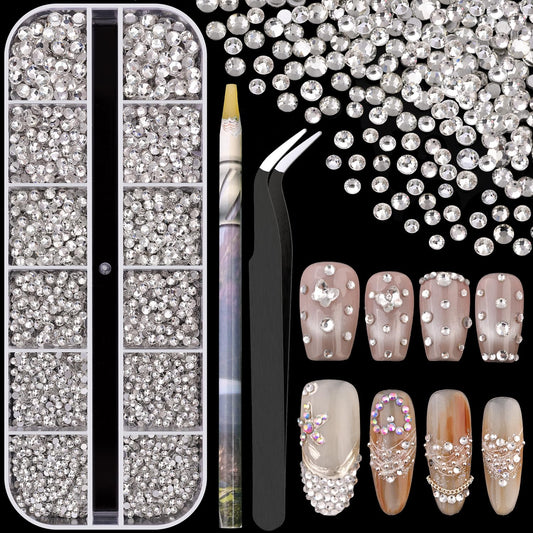 3600pcs Glass Transparent White Nail Rhinestones 6 Sizes(1.8/2/2.4/2.8/3/4mm) Flatback Crystal Nail Charms Jewels Decoration for Nail Art and Crafting, Tweezer and Pickup Pen included-Velvo Beauty