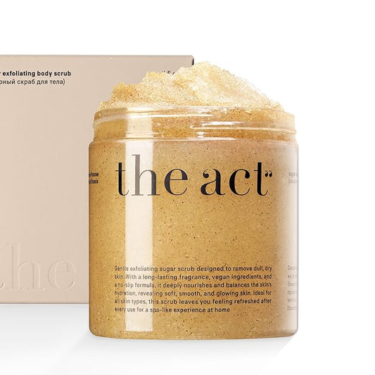 THE ACT Sugar Exfoliating Body Scrub – Natural Body Polish for Smooth Skin – Gentle Skin Care with Shea, Almond, Macadamia, Green Coffee, Vegan – Self Care Gift for Women-Velvo Beauty