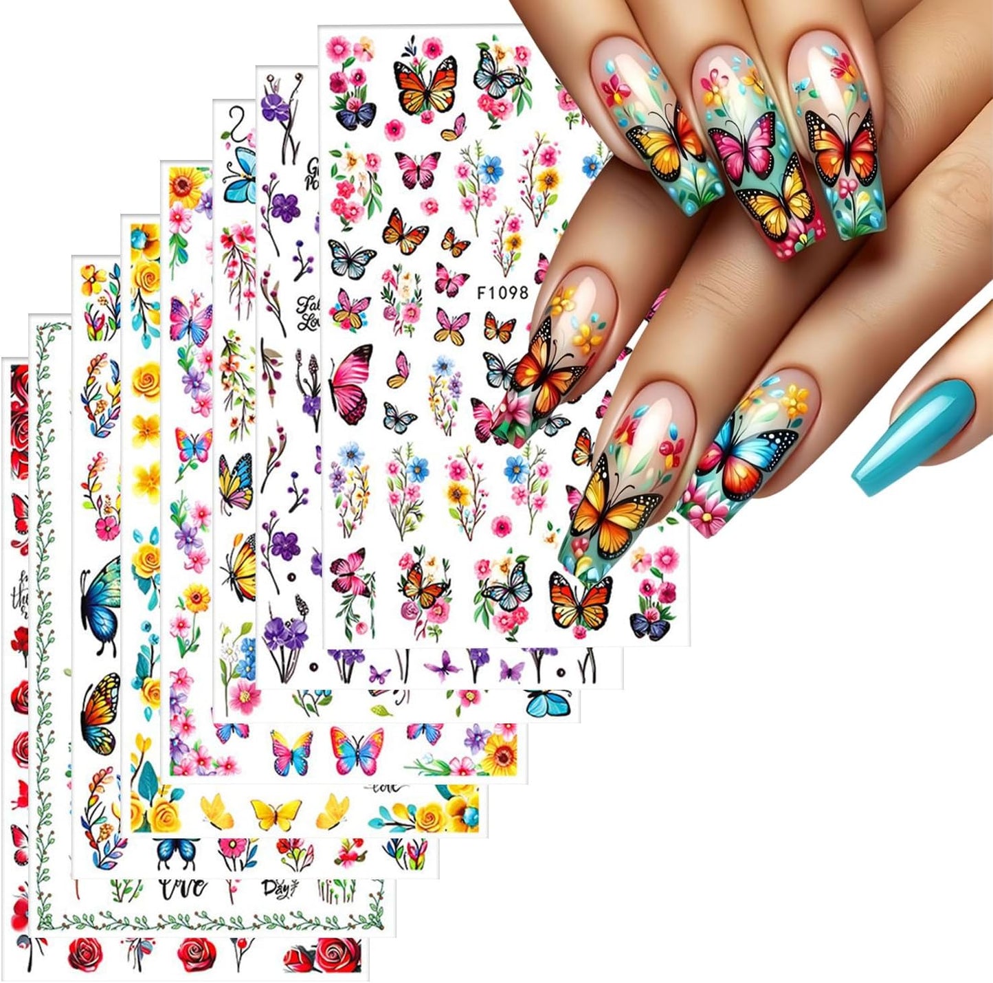 8 Sheets Butterfly Flower Nail Art Stickers 3D Self-Adhesive Spring Summer Nail Sticker Flower Nail Art Decals Holographic Blossom Nail Decal Decoration for Women Colorful Butterfly Manicure Supplies-Velvo Beauty