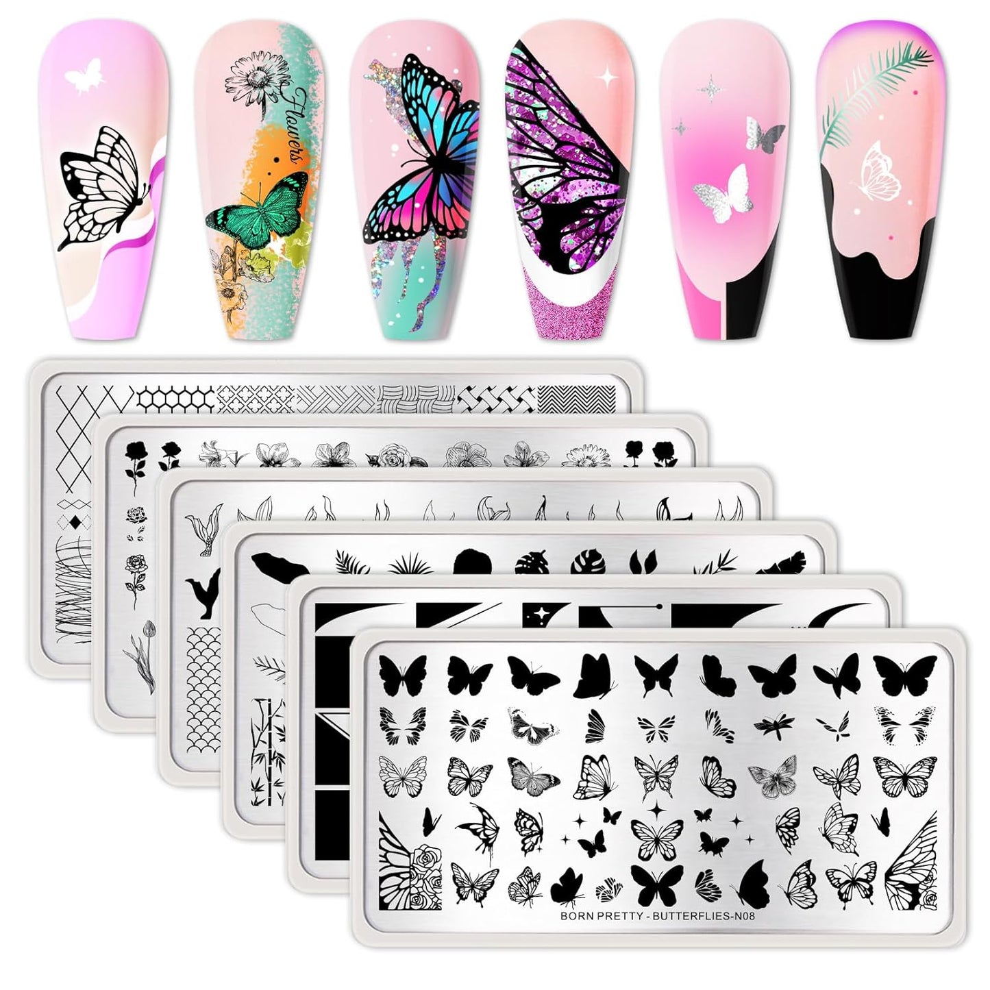 Born Pretty Nail Stamping Plates Set Nail Art Image Plates Plaid Flowers Leaves Geometric French Stamp Templates Kit Image Manicuring DIY Printing Tools 6PCS-Velvo Beauty