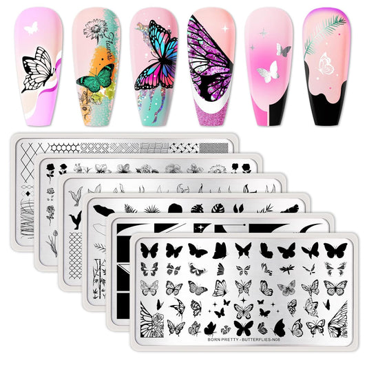 Born Pretty Nail Stamping Plates Set Nail Art Image Plates Plaid Flowers Leaves Geometric French Stamp Templates Kit Image Manicuring DIY Printing Tools 6PCS-Velvo Beauty