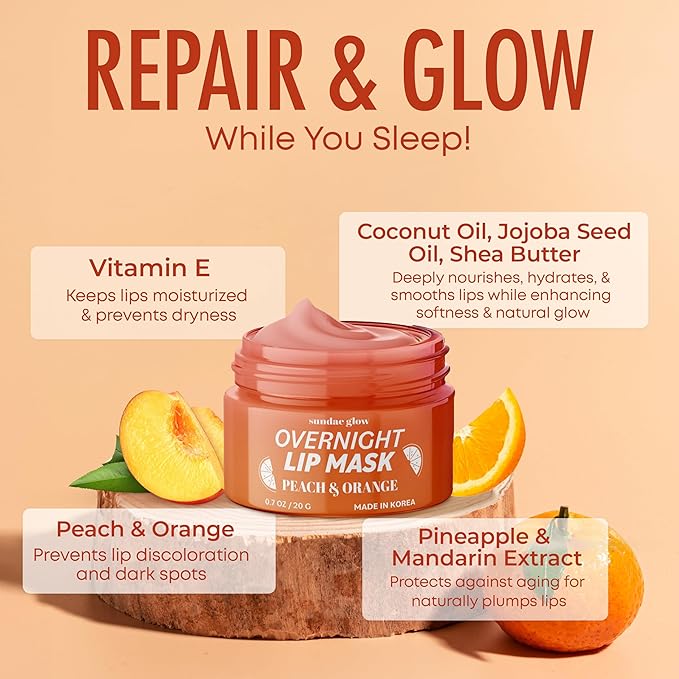 Peach & Orange Lip Mask - Dermatologist Tested, Anti-Aging, Korean Skin Care, Deep Hydration, Overnight Lip Repair - Vegan, Clean Beauty, 95% Natural, Cruelty-Free - 1 Pack-Velvo Beauty