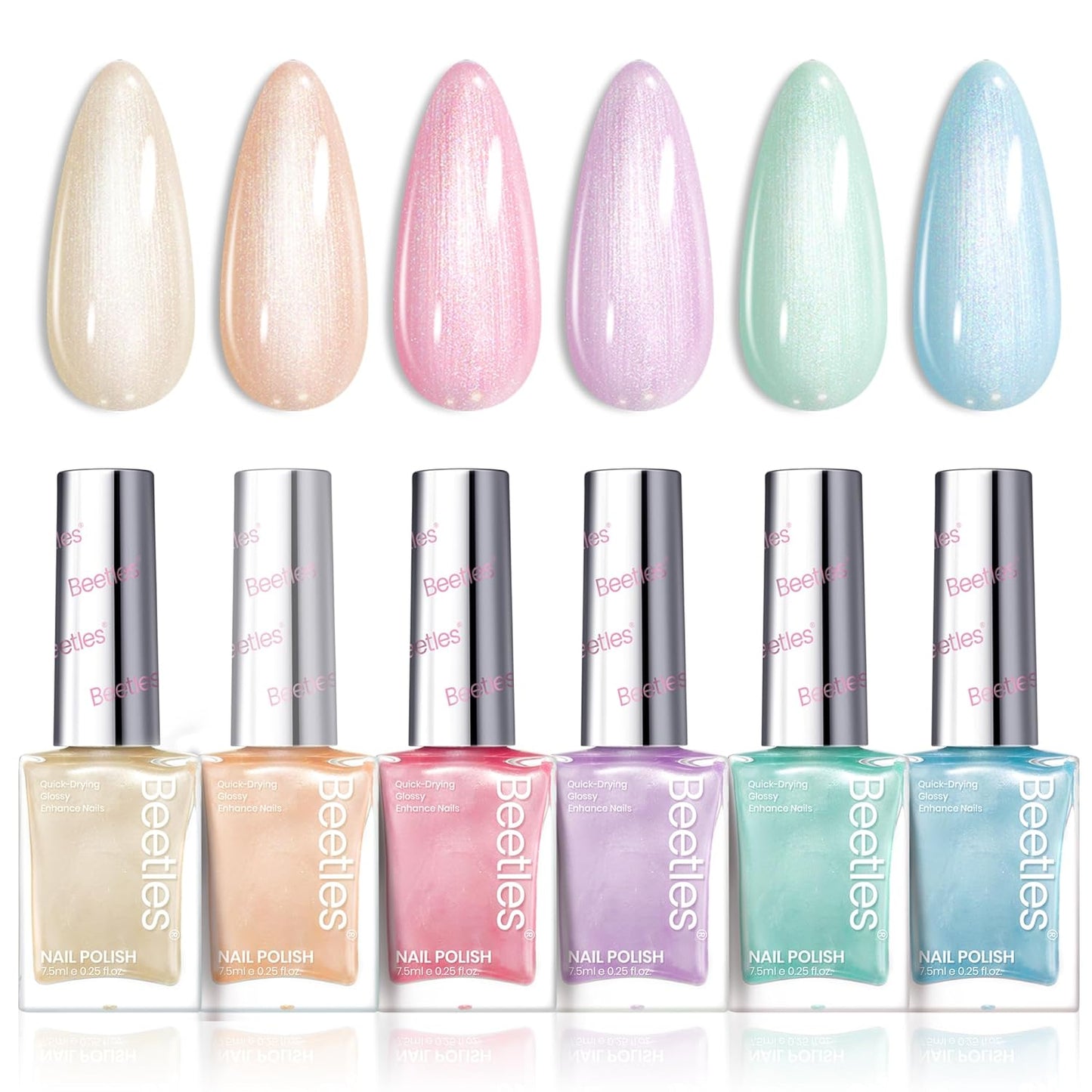 Beetles Nail Polish Set, 6 Colors Pearl Nail Polish Kit Pastel Pearl Shimmer Pink Orange Blue Green Dreamy Swirl Quick Dry Fingernail Polish Gifts for Women Salon DIY Manicure Kit-Velvo Beauty