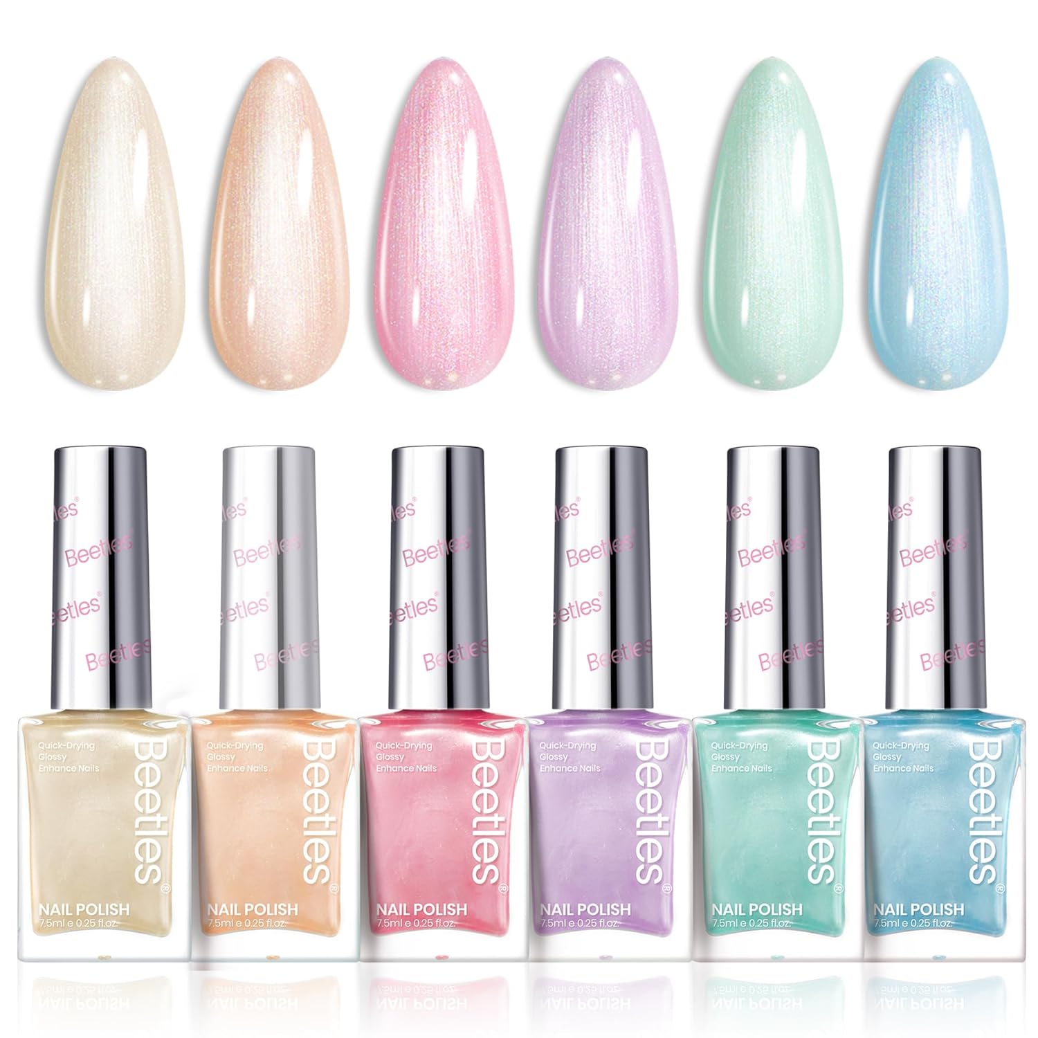 Beetles Nail Polish Set, 6 Colors Pearl Nail Polish Kit Pastel Pearl Shimmer Pink Orange Blue Green Dreamy Swirl Quick Dry Fingernail Polish Gifts for Women Salon DIY Manicure Kit-Velvo Beauty