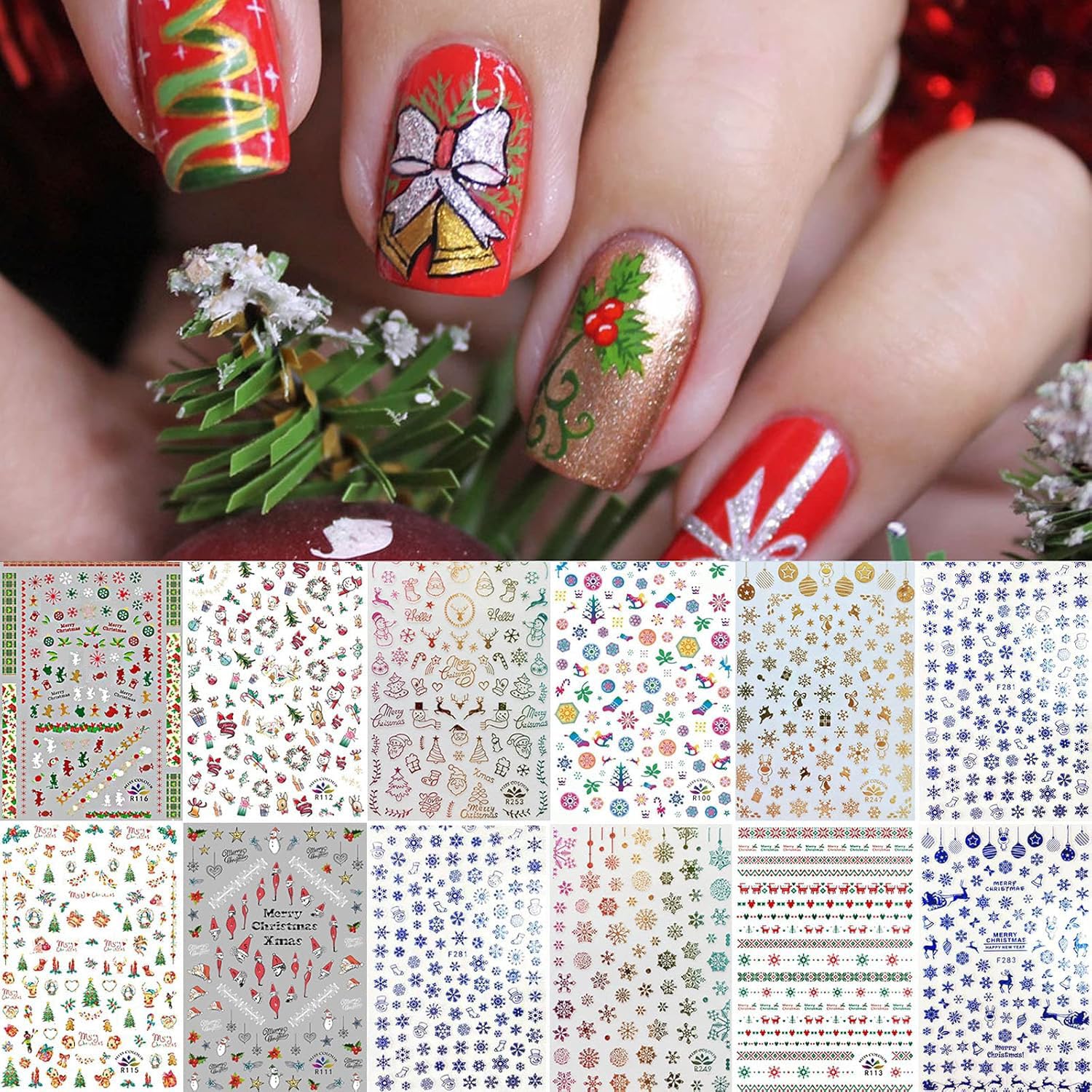 1500+ Patterns Christmas Nail Art Stickers Decals, Kalolary Self-adhesive Nail Stickers Santa Claus Snowflake Snowman Christmas Bell Tree Stick Elk for Christams Nail Decorations (12 Sheet Large Size)-Velvo Beauty