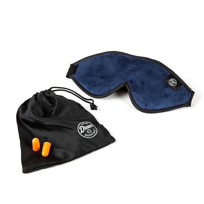 Dream Essentials, Escape 3D Sleep Mask, Earplugs, Carry Pouch Set, Molded Eye Shade, Men and Women, Contoured, Nose Bridge, Light Block, Memory Foam, Gift Set, Travel, Yoga, Blindfold, Navy Blue-Velvo Beauty