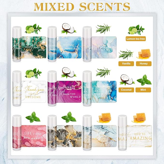 50 Sets Inspirational Lip Balm Gifts Moisturizing Lip Balm Bulk Thank You Lipstick for Guest 5 Flavors Marble Style Lip Balm with Organza Bags for Family Reunion Favor Women Stocking Gift Stuffers-Velvo Beauty