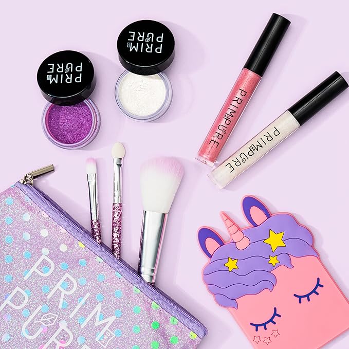Prim and Pure Mineral Gift Set with Unicorn Mirror| Perfect for Play Dates & Birthday Parties | Kids Eyeshadow Makeup – Mineral Blush | Organic & Natural Makeup Kit for Kids| Made in USA (Purple)-Velvo Beauty