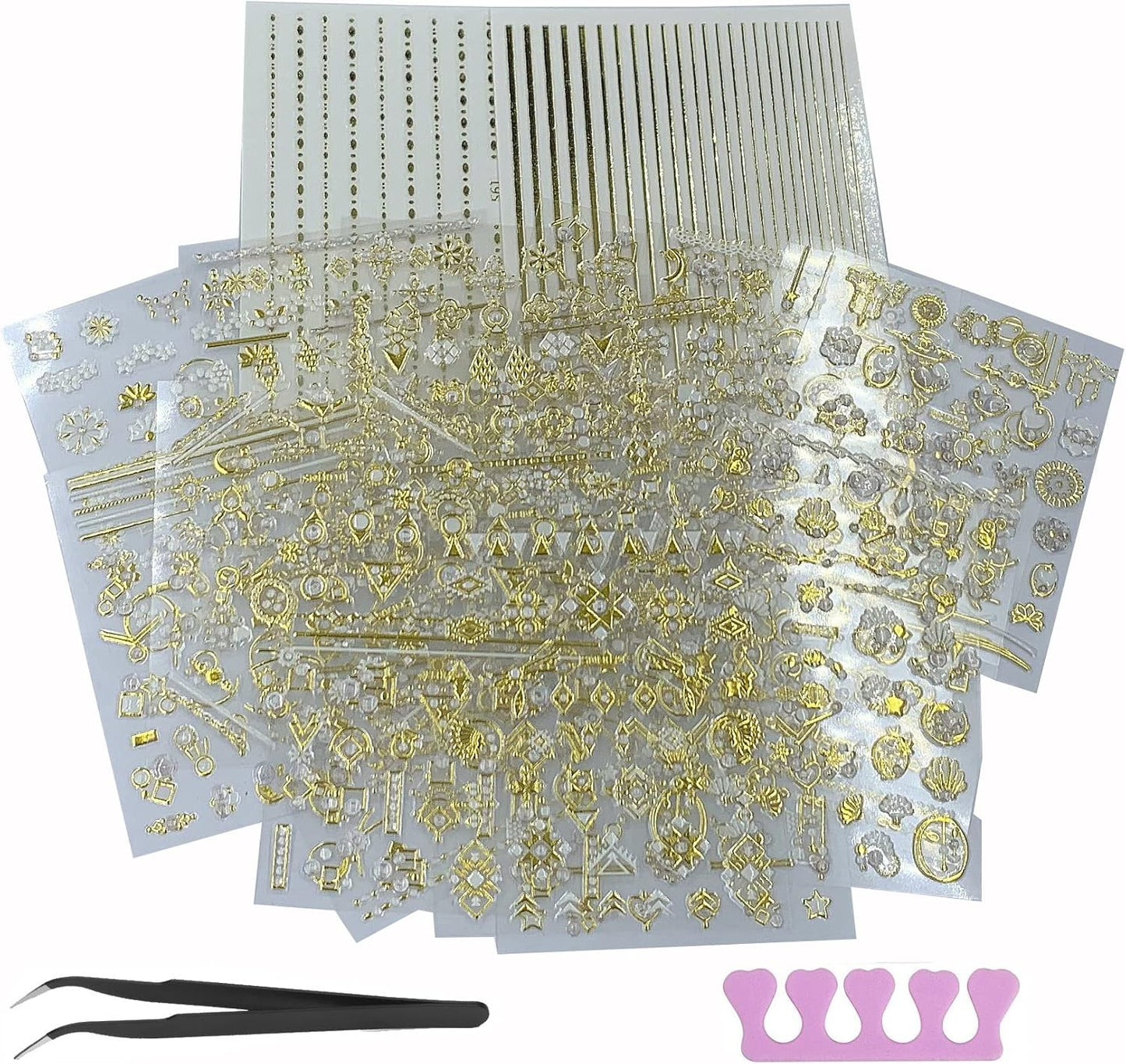 22 Sheets 3D Nail Adhesive Stickers for Women Gold Metallic Chain Line Nail Stickers Diamond Design Luxury Nail Art Decoration with with Tweezers Nail File Separators-Velvo Beauty
