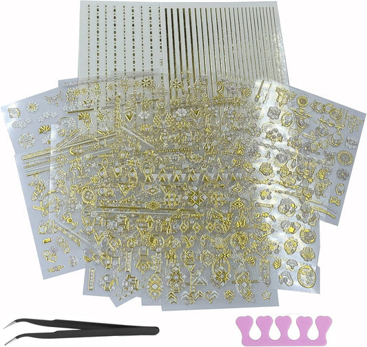 22 Sheets 3D Nail Adhesive Stickers for Women Gold Metallic Chain Line Nail Stickers Diamond Design Luxury Nail Art Decoration with with Tweezers Nail File Separators-Velvo Beauty