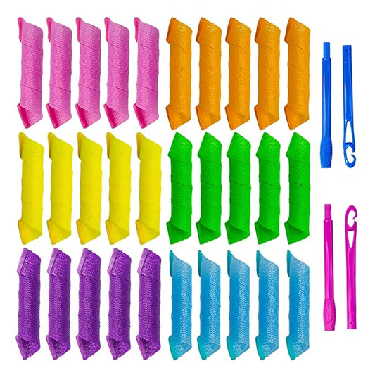30pcs Heatless Hair Curlers Rollers Spiral Curls Styling Kit with 2 Sets Styling Hooks,No Heat Curlers for Women Girl's, pink, orange, blue, green, yellow and purple (12 Inch/30 cm)…-Velvo Beauty